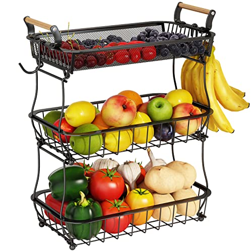 ANTOPY 3 Tier Fruit Basket with 2 Banana Hangers, Countertop Fruit Vegetable Basket Bowl for Kitchen Counter Metal Mesh Basket Fruits Stand Produce Holder Organizer for Onion Potato Bread Snack Veggie - Image 1