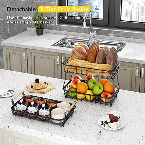 ANTOPY 3 Tier Fruit Basket with 2 Banana Hangers, Countertop Fruit Vegetable Basket Bowl for Kitchen Counter Metal Mesh Basket Fruits Stand Produce Holder Organizer for Onion Potato Bread Snack Veggie - Image 3