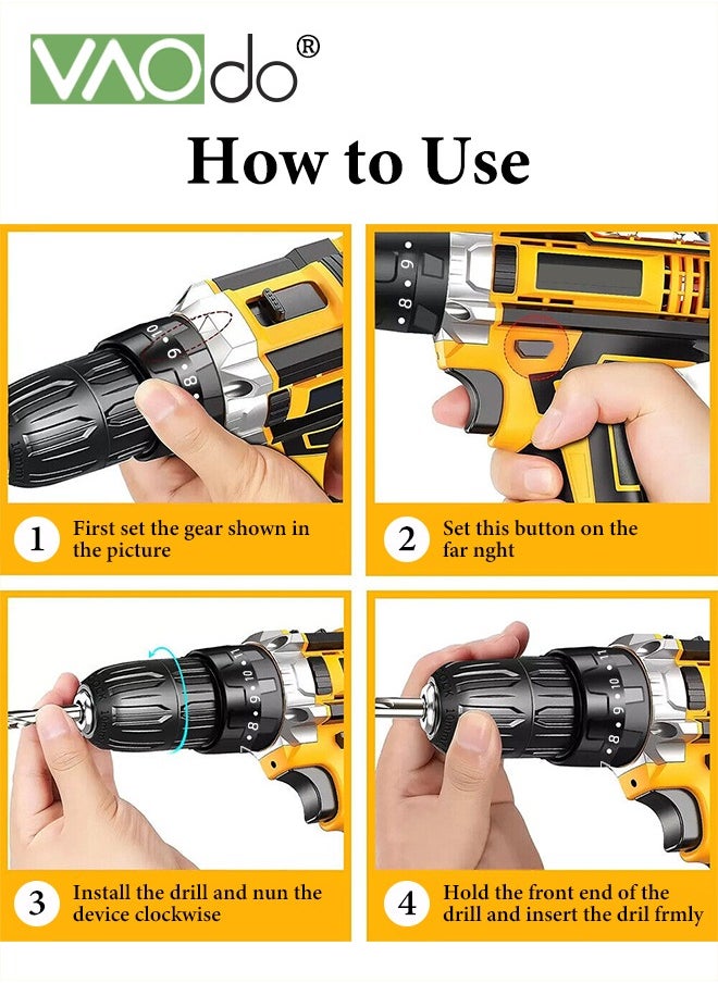 VAOdo - 21V Cordless Drill Set with 2 Battery and LED Light 2 Variable Speed Power Drill Kit  Variable Speed 18+1 Torque Settings and 24pcs Drill Bits Cordless Impact Hammer Drill Driver  for Wood Cement Concrete Ceiling Brick Wall - Image 1