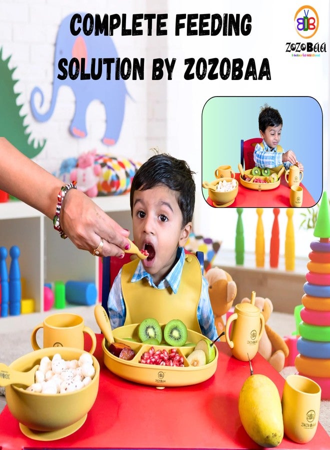 طقم وعاء سيليكون للأطفال من زوزوبا مع ملعقة وشوكة لإطعام الأطفال الصغار | قاعدة شفط قوية للغاية، أوعية وملاعق مصنوعة من مواد آمنة غذائيًا وخالية من مادة BPA بنسبة 100% للأطفال الرضع والصغار | غير قابلة للكسر وناعمة | لون أصفر مانجو - Image 4