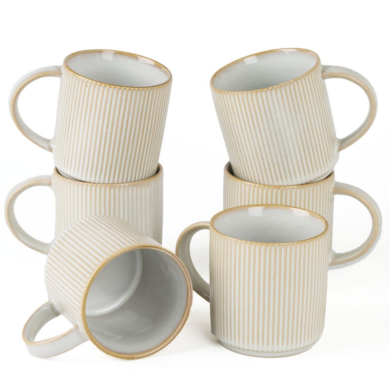 famiware Coffee Mug Set for 6, Star 12 oz Catering Mugs Cup Set with Handle for Coffee, Tea, Cocoa, Milk - Ceramic Stoneware Drinkware Set, Cappuccino White - Image 1