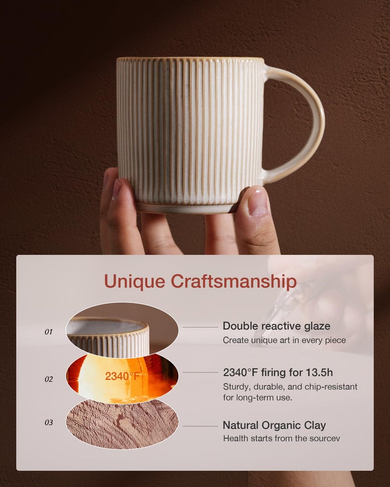 famiware Coffee Mug Set for 6, Star 12 oz Catering Mugs Cup Set with Handle for Coffee, Tea, Cocoa, Milk - Ceramic Stoneware Drinkware Set, Cappuccino White - Image 3