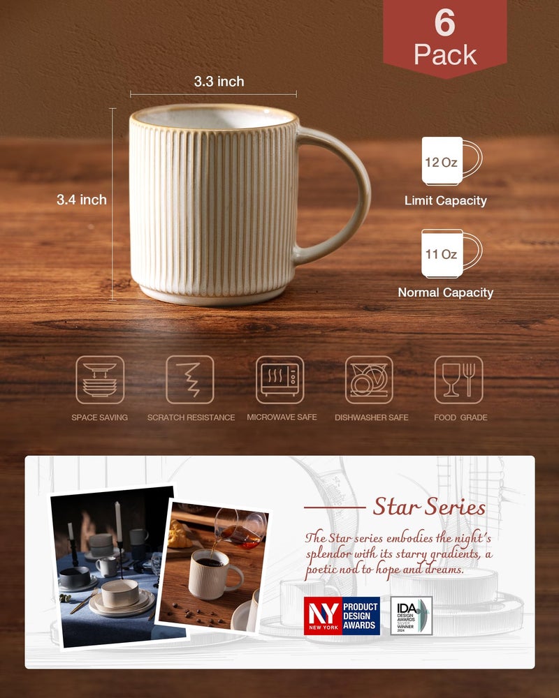 famiware Coffee Mug Set for 6, Star 12 oz Catering Mugs Cup Set with Handle for Coffee, Tea, Cocoa, Milk - Ceramic Stoneware Drinkware Set, Cappuccino White - Image 4