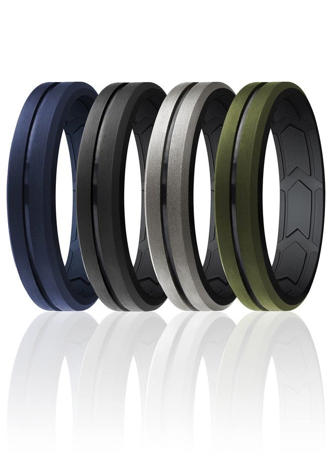ROQ Silicone Wedding Band for Men - Breathable Silicone Rubber Ring Beveled Edge Duo Design - Inner Arrow Shape Grooves for Enhanced Breathability, 8.5 - 9 (18.9mm), Silicone, No Gemstone - Image 1