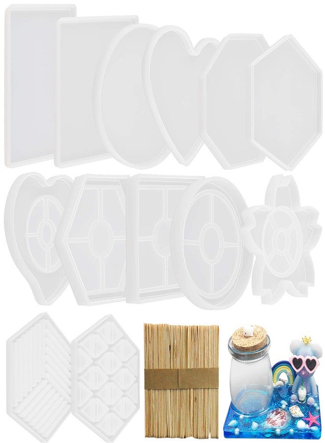FUNSHOWCASE Epoxy Resin Coaster Molds Set 63 Kits Silicone Trays Large 6-8inch Rectangle Square Circle Heart Octagon Hexagon 13 Geometric Shapes, Craft Sticks - Image 1