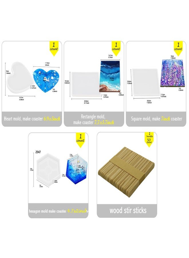 FUNSHOWCASE Epoxy Resin Coaster Molds Set 63 Kits Silicone Trays Large 6-8inch Rectangle Square Circle Heart Octagon Hexagon 13 Geometric Shapes, Craft Sticks - Image 3
