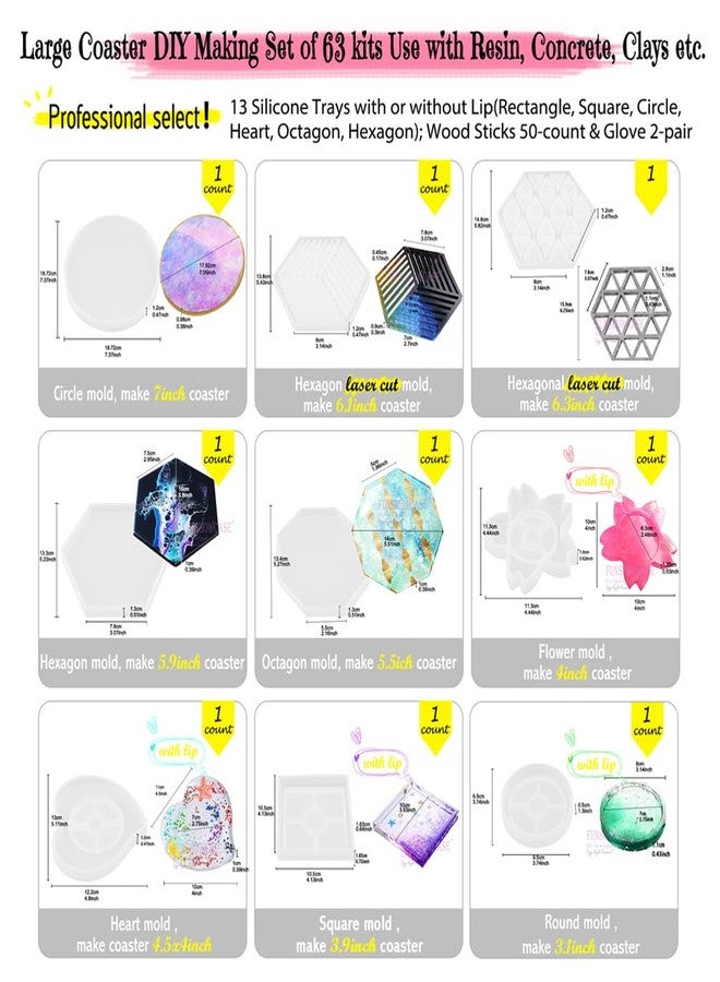 FUNSHOWCASE Epoxy Resin Coaster Molds Set 63 Kits Silicone Trays Large 6-8inch Rectangle Square Circle Heart Octagon Hexagon 13 Geometric Shapes, Craft Sticks - Image 2