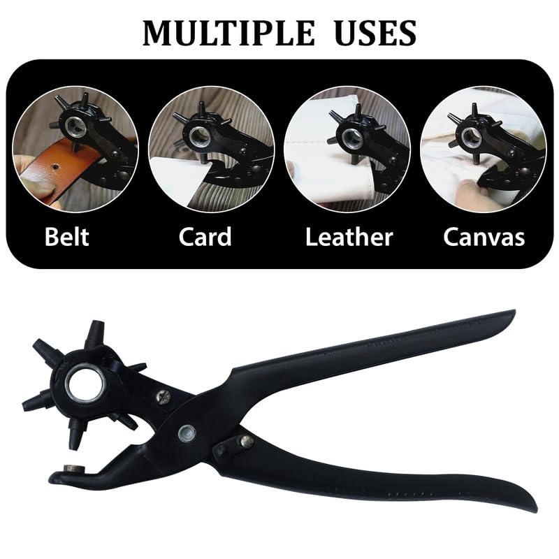 Caneuf Heavy Duty Rotary Leather Hole Punch Tool – Revolving Punch Plier for Belts, Watch Straps, Bags, Dog Collars, Fabric, and Saddles – 6 Hole Sizes (2–4.5mm) – Ergonomic Grip - Image 4