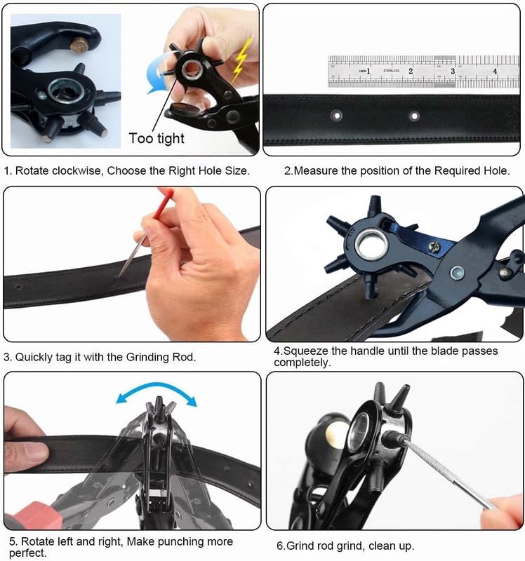 Caneuf Heavy Duty Rotary Leather Hole Punch Tool – Revolving Punch Plier for Belts, Watch Straps, Bags, Dog Collars, Fabric, and Saddles – 6 Hole Sizes (2–4.5mm) – Ergonomic Grip - Image 5