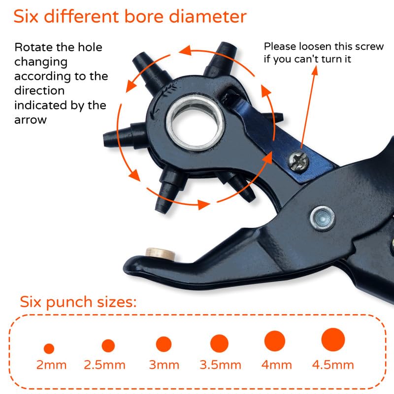 Caneuf Heavy Duty Rotary Leather Hole Punch Tool – Revolving Punch Plier for Belts, Watch Straps, Bags, Dog Collars, Fabric, and Saddles – 6 Hole Sizes (2–4.5mm) – Ergonomic Grip - Image 2