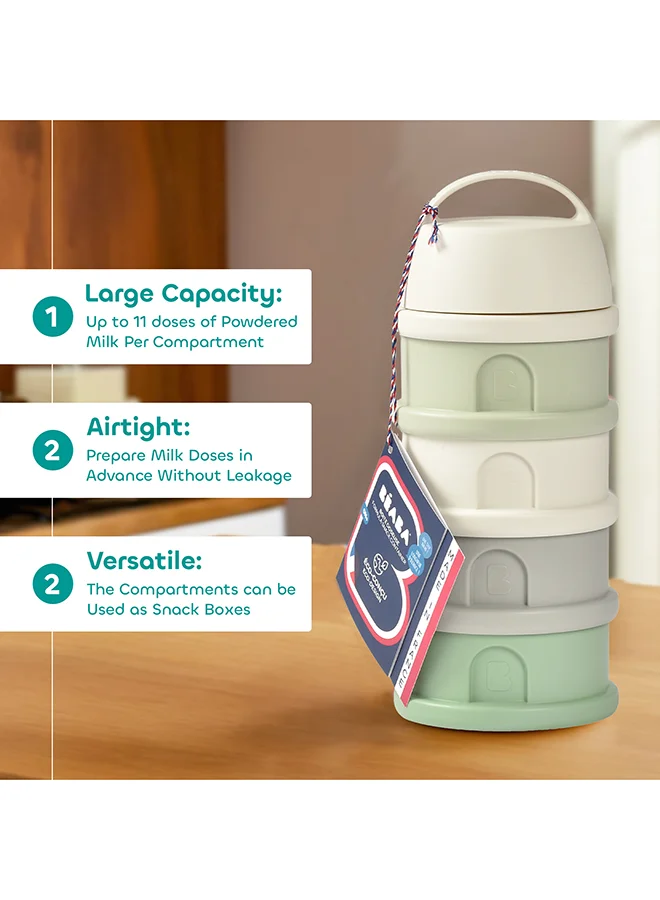 BEABA Formula Milk Container, 4 Compartments, Cotton White And Sage Green