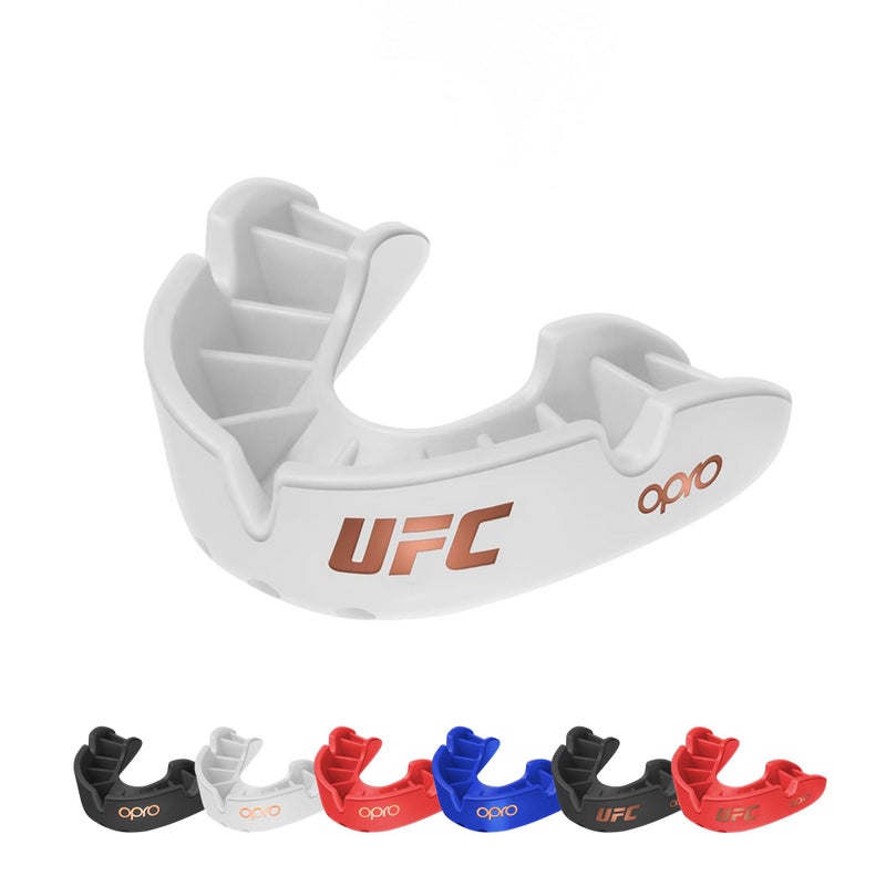 OPRO Bronze Level Sports Mouthguard CustomFit Breathable Slim Design Protective Mouth Guard for Football Wrestling Boxing MMA Lacrosse All Contact Sports Case Included UFC White Adult