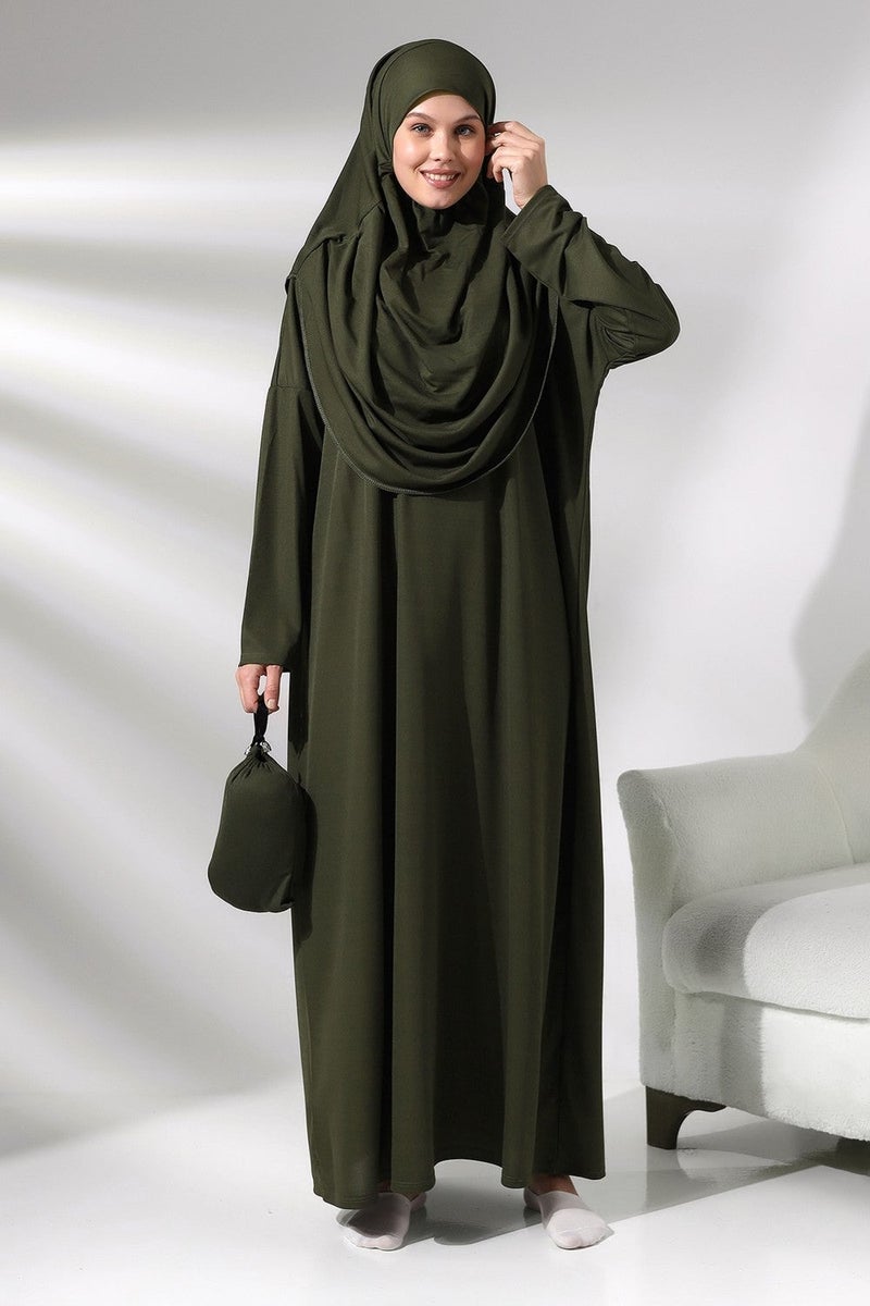 Ihvan Khaki Women's Practical Headscarf One-Piece Prayer Dress with Bag - Image 1