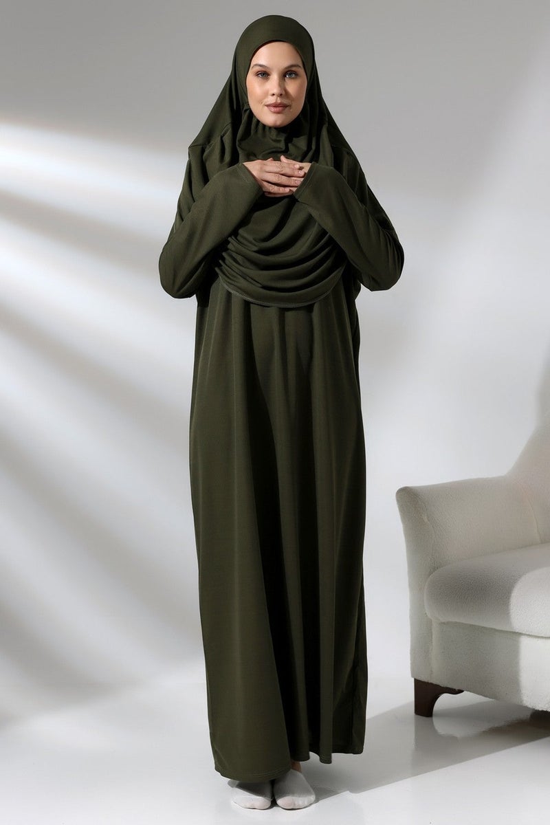 Ihvan Khaki Women's Practical Headscarf One-Piece Prayer Dress with Bag - Image 4