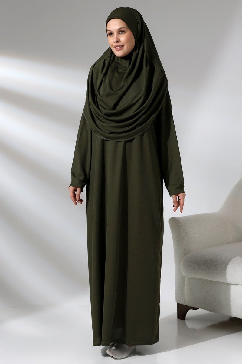 Ihvan Khaki Women's Practical Headscarf One-Piece Prayer Dress with Bag - Image 3