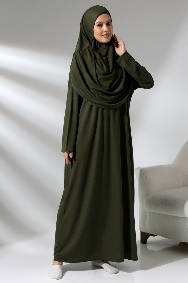 Ihvan Khaki Women's Practical Headscarf One-Piece Prayer Dress with Bag - Image 2