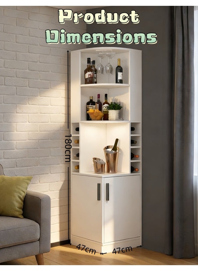 خزانة بار زاوية مع حامل زجاجي وباب الحظيرة، خزانة نبيذ ذات طراز بسيط حديث من 5 طبقات لتخزين المشروبات الكحولية والنبيذ، خزانة مشروبات زاوية لغرفة المعيشة، المطبخ، مساحة صغيرة (أبيض، JJ001) - Image 2