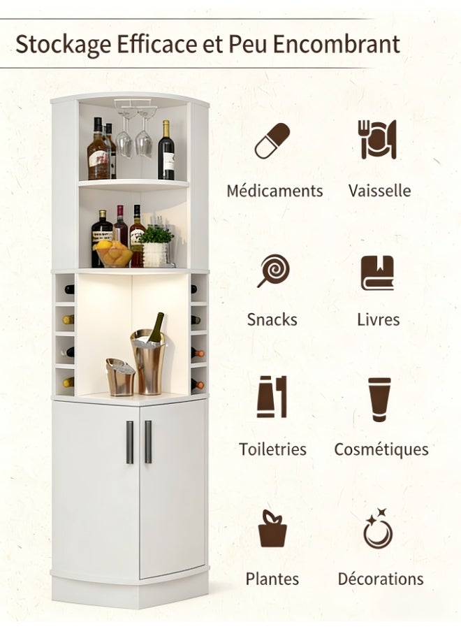 خزانة بار زاوية مع حامل زجاجي وباب الحظيرة، خزانة نبيذ ذات طراز بسيط حديث من 5 طبقات لتخزين المشروبات الكحولية والنبيذ، خزانة مشروبات زاوية لغرفة المعيشة، المطبخ، مساحة صغيرة (أبيض، JJ001) - Image 3