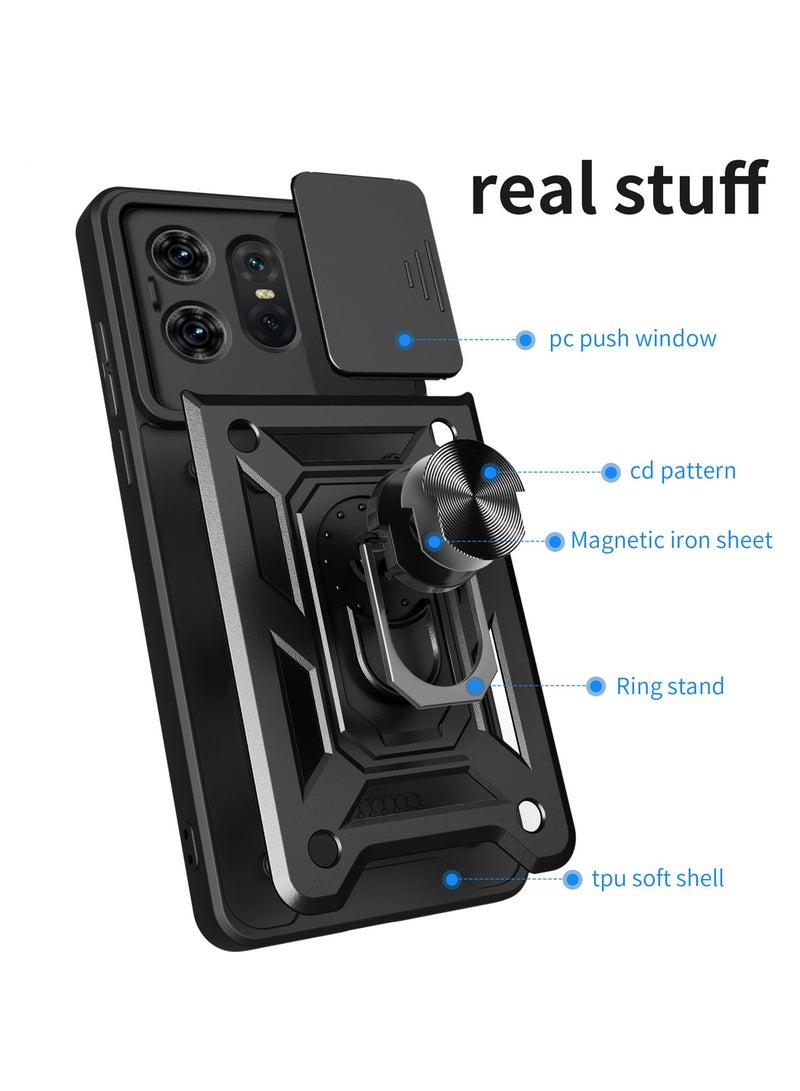 Motorola Edge 50 Pro 5G Case, Slide Camera Lens Cover + 360°Rotating Kickstand Ring + Support Magnetic Car Mount Shockproof Mobile Phone Case Black  - Image 4