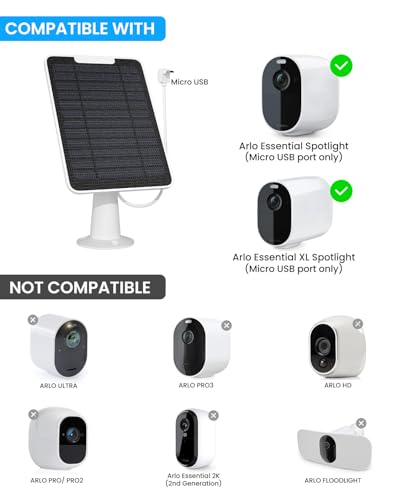 WININMETA Solar Panel Charger with Micro USB Connection Compatible with Arlo Essential SpotlightXL Spotlight Camera 5W Arlo Essential Solar Panel IP65 Waterproof 10ft Cable Not for 2K2nd Gen 3 Pack - Image 3