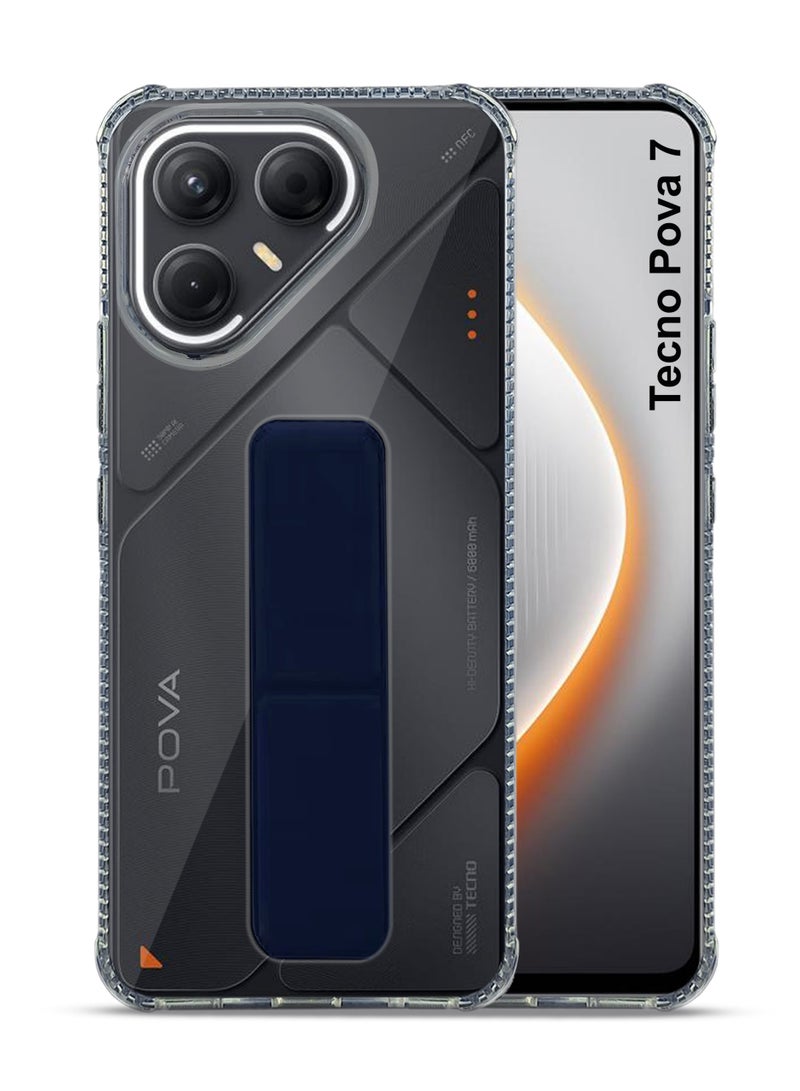Tecno Pova 7 Hand Grip Case Cover - Magnetic Hand Grip Holder & Kickstand Case For Tecno Pova 7 - Strong Grip for Magnetic Car Holder, Stylish Silicone Case Clear & Functional, Ultimate Convenience & Hands-Free Viewing - Clear/Navy Blue - Image 1