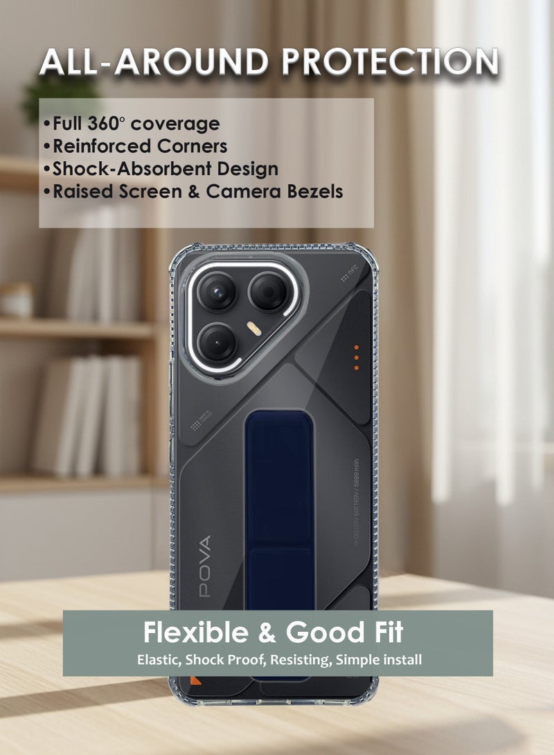 Tecno Pova 7 Hand Grip Case Cover - Magnetic Hand Grip Holder & Kickstand Case For Tecno Pova 7 - Strong Grip for Magnetic Car Holder, Stylish Silicone Case Clear & Functional, Ultimate Convenience & Hands-Free Viewing - Clear/Navy Blue - Image 4