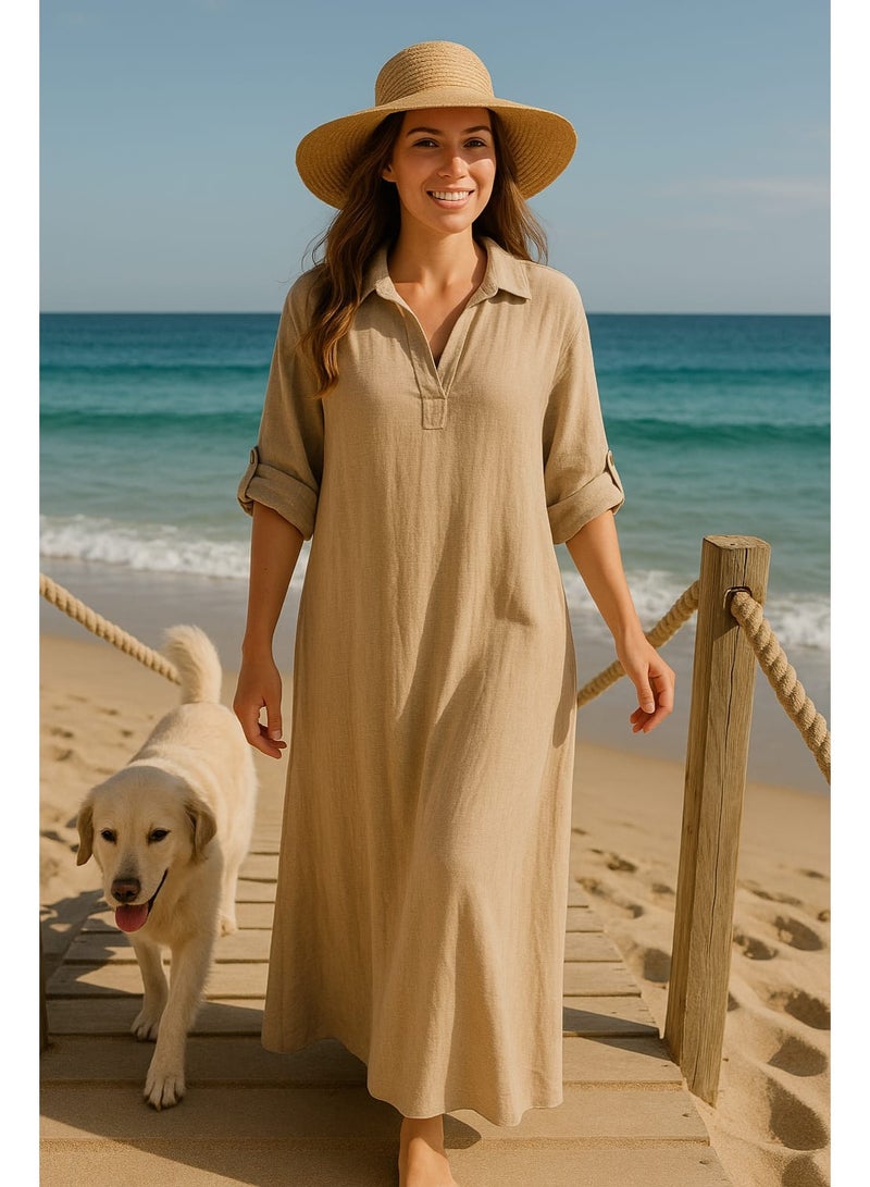 Mr.joe Mr Joe Chic Beige Roll Sleeve Shirt Dress -2729 