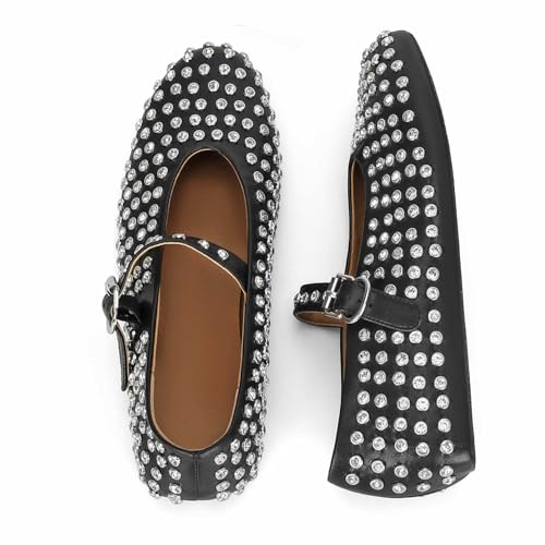MICIFA Rhinestone Ballet Flats for Women, Sparkly Crystals Ballerina Shoes Buckle Strap Mary Jane Flats Round Toe Casual Dress Shoes Black - Image 4