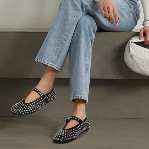 MICIFA Rhinestone Ballet Flats for Women, Sparkly Crystals Ballerina Shoes Buckle Strap Mary Jane Flats Round Toe Casual Dress Shoes Black - Image 2