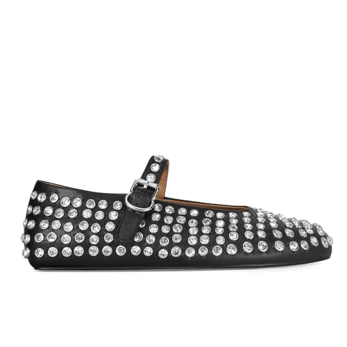 MICIFA Rhinestone Ballet Flats for Women, Sparkly Crystals Ballerina Shoes Buckle Strap Mary Jane Flats Round Toe Casual Dress Shoes Black - Image 1