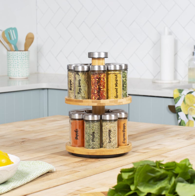 Orii 16 Jar Spice Rack with Spices Included & 5-Year Free Spice Refill Program - Rotating Countertop 2 Tier Tower Organizer for Kitchen Spices and Seasonings, (Bamboo Wood) - Image 4