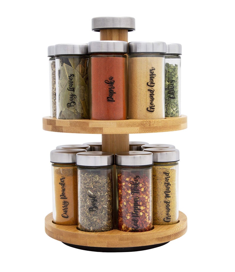 Orii 16 Jar Spice Rack with Spices Included & 5-Year Free Spice Refill Program - Rotating Countertop 2 Tier Tower Organizer for Kitchen Spices and Seasonings, (Bamboo Wood) - Image 1