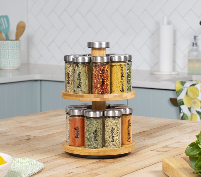 Orii 16 Jar Spice Rack with Spices Included & 5-Year Free Spice Refill Program - Rotating Countertop 2 Tier Tower Organizer for Kitchen Spices and Seasonings, (Bamboo Wood) - Image 3