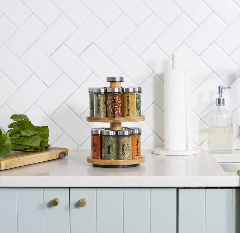 Orii 16 Jar Spice Rack with Spices Included & 5-Year Free Spice Refill Program - Rotating Countertop 2 Tier Tower Organizer for Kitchen Spices and Seasonings, (Bamboo Wood) - Image 5