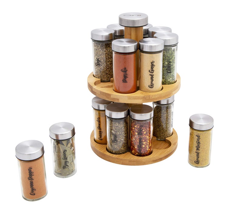 Orii 16 Jar Spice Rack with Spices Included & 5-Year Free Spice Refill Program - Rotating Countertop 2 Tier Tower Organizer for Kitchen Spices and Seasonings, (Bamboo Wood) - Image 2