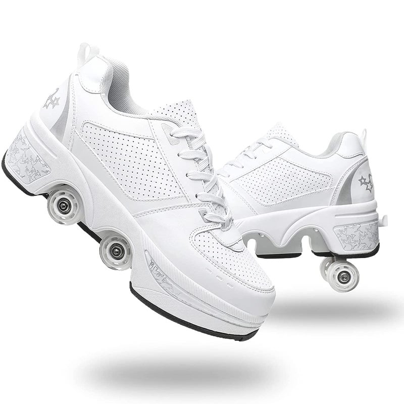 Deformation Roller Skates زلاجات رولر قابلة للتشكيل، أحذية زلاجات، أحذية مزودة بعجلات، زلاجات انلاين، أحذية نسائية قابلة للتعديل مزودة بعجلات للفتيات (38، أبيض فضي) - Image 1