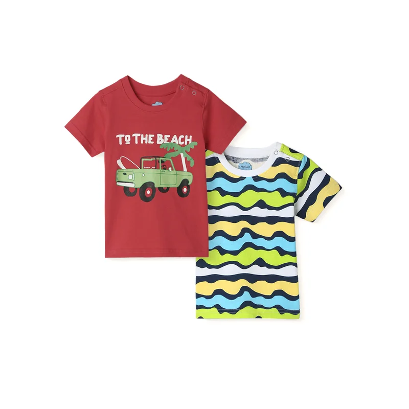 Nautinati Nautinati Boys' Pack of 2 Cotton Beach Graphic Printed and Striped T-shirts