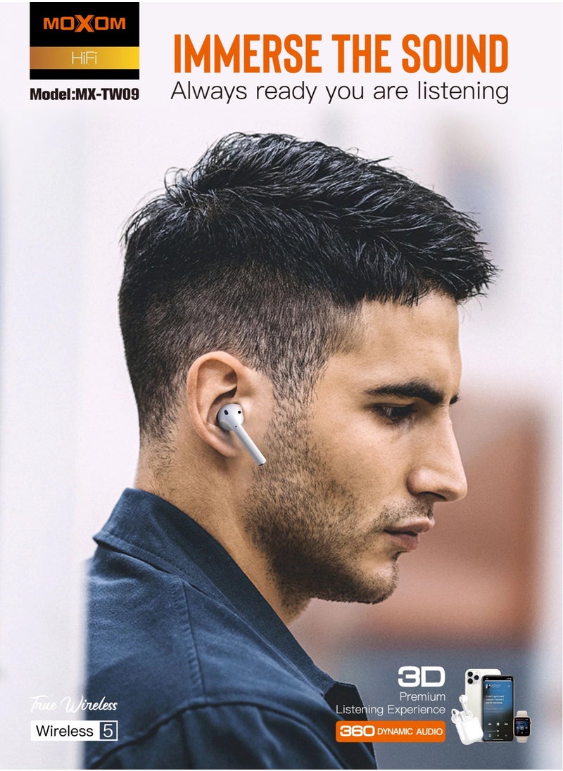 TW09 True Wireless (TWS) Bluetooth Earphone Earbuds White