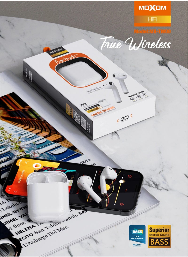 MOXOM TW09 True Wireless (TWS) Bluetooth Earphone Earbuds White  - Image 4