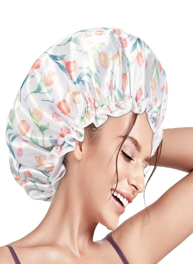 Aquior Shower Caps, Reusable Shower Cap for Women, Double Layer Waterproof Hair Cap, Large Size for All Hair Lengths,for Girls Spa Home Salon Use(White-Tulip - Image 1
