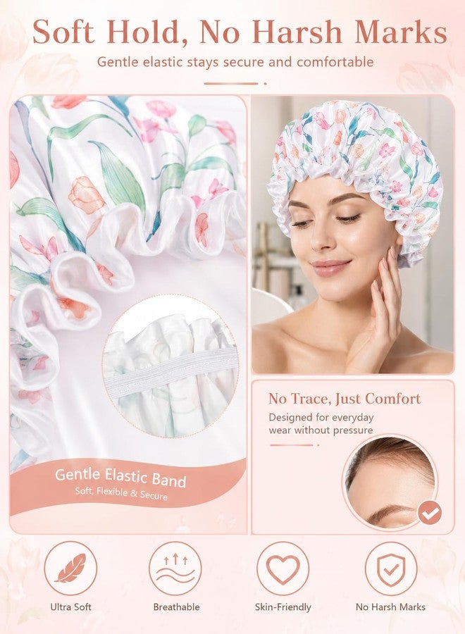 Aquior Shower Caps, Reusable Shower Cap for Women, Double Layer Waterproof Hair Cap, Large Size for All Hair Lengths,for Girls Spa Home Salon Use(White-Tulip - Image 2