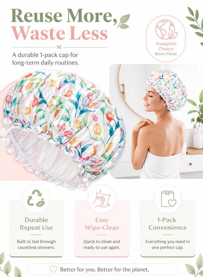 Aquior Shower Caps, Reusable Shower Cap for Women, Double Layer Waterproof Hair Cap, Large Size for All Hair Lengths,for Girls Spa Home Salon Use(White-Tulip - Image 5