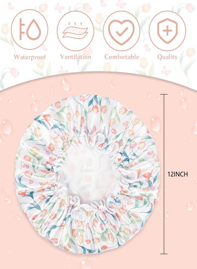 Aquior Shower Caps, Reusable Shower Cap for Women, Double Layer Waterproof Hair Cap, Large Size for All Hair Lengths,for Girls Spa Home Salon Use(White-Tulip - Image 4