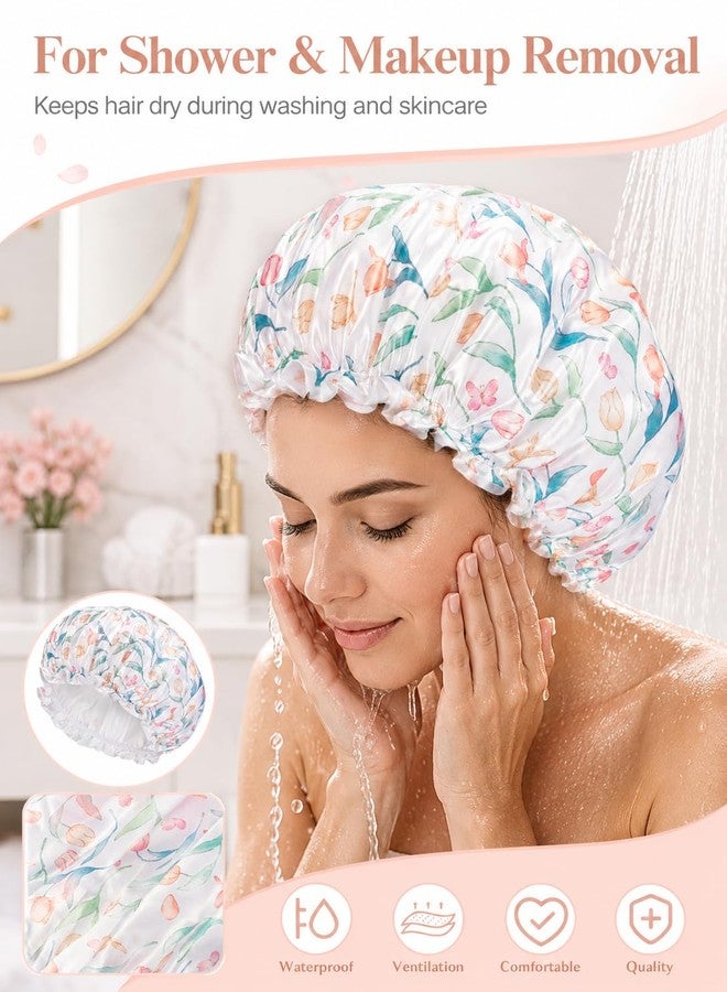 Aquior Shower Caps, Reusable Shower Cap for Women, Double Layer Waterproof Hair Cap, Large Size for All Hair Lengths,for Girls Spa Home Salon Use(White-Tulip - Image 3