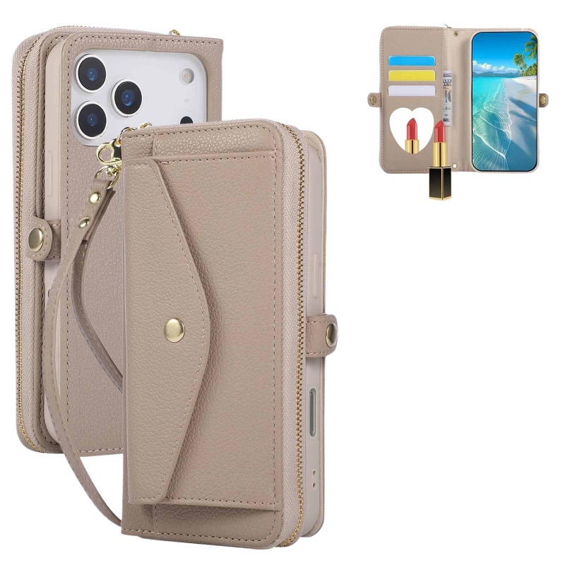 غطاء واقي بTPU لـ Redmi Note 13 Pro مع حامل بطاقات ومرآة مكياج مع حزام كتف متقاطع مع غطاء جلدي قابل للطي باللون أسود مع مرآة من مادة TPU سهل الحمل للتخزين العملي للتنقل اليومي - Image 4
