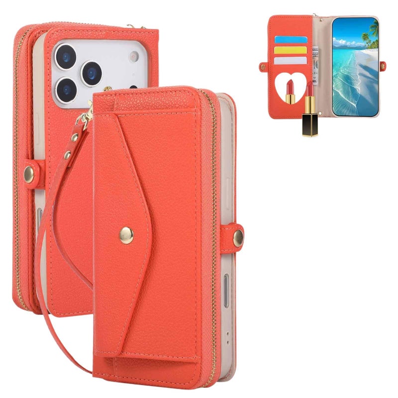 غطاء واقي بTPU لـ Redmi Note 13 Pro مع حامل بطاقات ومرآة مكياج مع حزام كتف متقاطع مع غطاء جلدي قابل للطي باللون أسود مع مرآة من مادة TPU سهل الحمل للتخزين العملي للتنقل اليومي - Image 5
