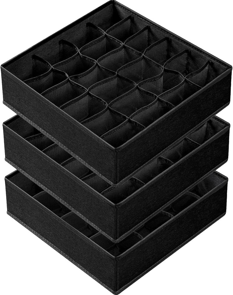 Criusia 3 Pack Sock Underwear Organizer Dividers, 64 Cell Fabric Foldable Cabinet Closet Organizers and Storage Boxes for Storing Socks, Underwear, Ties (16+24+24 Cell, Black) - Image 1