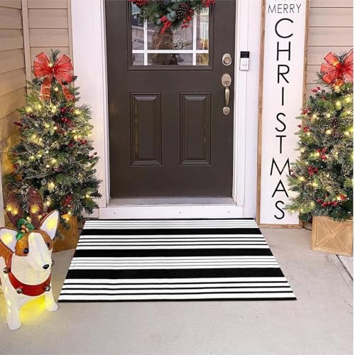 OJIA Christmas Front Door Mats Outdoor 27.5x43 Inches, Black and White Outdoor Rugs Cotton Woven Front Door Rug Machine Washable Layered Doormats for Porch/Farmhouse/Kitchen/Entryway/Patio - Image 1