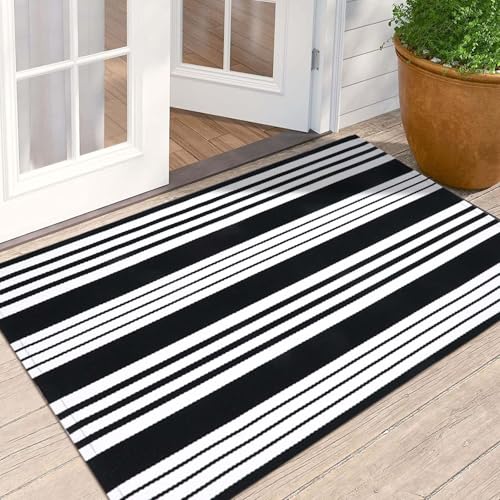OJIA Christmas Front Door Mats Outdoor 27.5x43 Inches, Black and White Outdoor Rugs Cotton Woven Front Door Rug Machine Washable Layered Doormats for Porch/Farmhouse/Kitchen/Entryway/Patio - Image 2