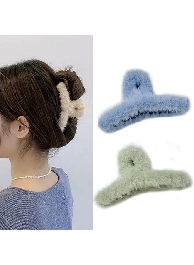 CHIROGRAPHY 2 PCS Furry Hair Claw Clips for Thick Hair|Cute Faux Rabbit Fur Plastic Non Slip Large Barrettes for Women and Girls|Fuzzy Stylish Curly Hair Styling Accessories|Two multicolor set - Image 2